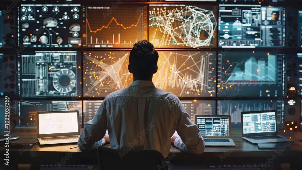 Analyst monitoring complex data on multiple screens in high-tech control room Analyst monitoring complex data on multiple screens in high-tech control room