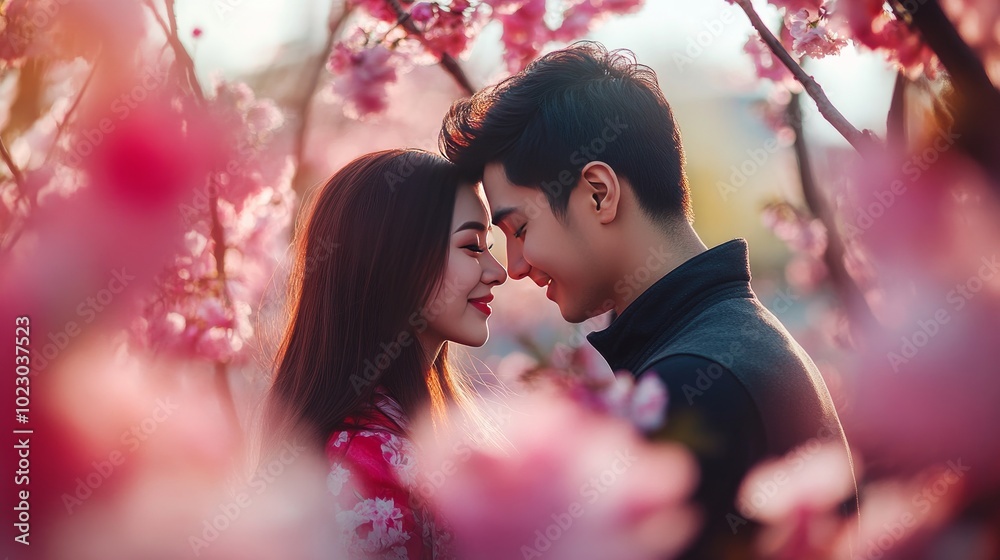 Lovely couple who stay and enjoy themselves amid Sakura blooms while giving each other hugs. Wonderful Japanese tree flowering season. Pink flowers encircling the man and woman Lovely couple who stay and enjoy themselves amid Sakura blooms while giving each other hugs. Wonderful Japanese tree flowering season. Pink flowers encircling the man and woman