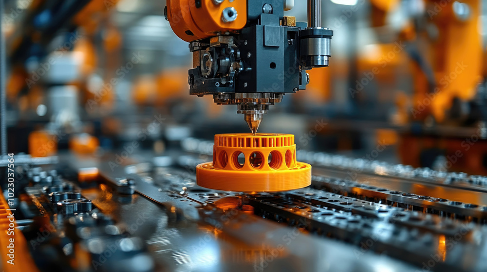 A robotic arm is actively 3D printing a bright orange part on a conveyor line in a high-tech manufacturing environment A robotic arm is actively 3D printing a bright orange part on a conveyor line in a high-tech manufacturing environment