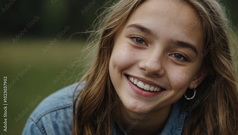 Smiling young woman with long wavy hair and blue eyes, casual denim-style top Smiling young woman with long wavy hair and blue eyes, casual denim-style top