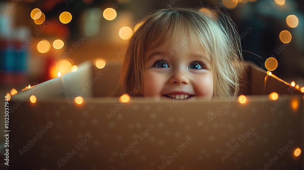 View from inside a gift box, young child peering in, laughing with excitement, illuminated by warm lighting. Wrapping paper edges casting soft shadows, subtle blur in the background of a colorful,