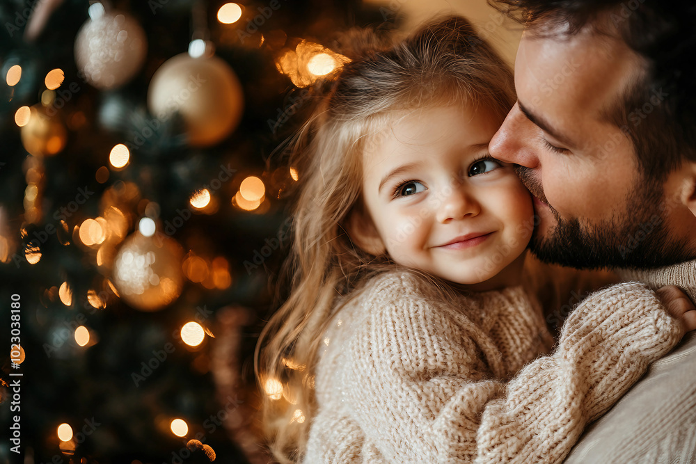 Generative AI image of mother father child couple family together by decorated Christmas tree holiday celebration themes Generative AI image of mother father child couple family together by decorated Christmas tree holiday celebration themes
