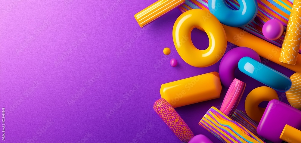 Bright abstract 3D objects on a purple surface, neon geometric shapes and squiggles, dynamic and trendy composition with bold colors