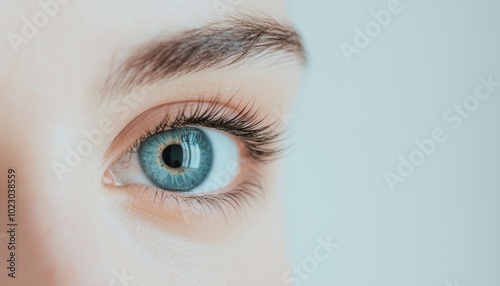 Blue eye macro photography, high-resolution focus on iris details, delicate lashes, soft skin tones, minimal background emphasizing eye color