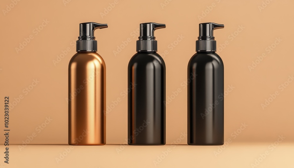 Modern hair spray bottle mockup with metallic and matte finishes on a neutral background Modern hair spray bottle mockup with metallic and matte finishes on a neutral background