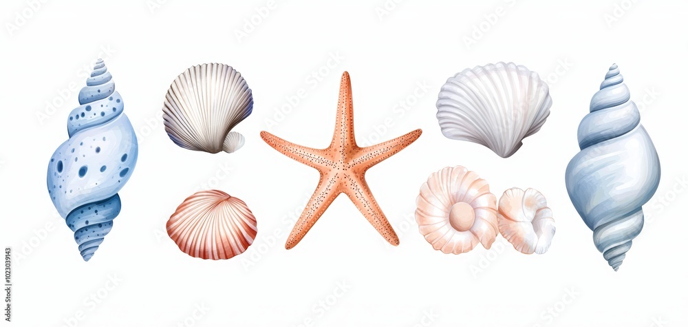 Collection of beautiful seashells and a starfish on a white isolated background. Collection of beautiful seashells and a starfish on a white isolated background.