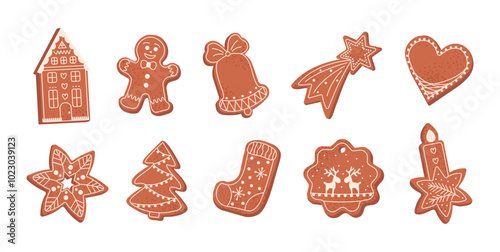 mas cartoon Gingerbread cookies set. Collection of Christmas gingerbread figures, cute ginger bread men cover by icing-sugar vector illustration isolated on white. Homemade cookies. Holiday dessert.