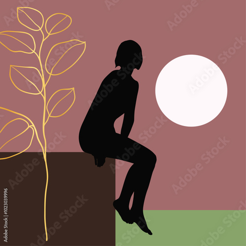 Frauensilhouette am Horizont, zarte Farben mit floralen Baumast und Blättern, Goldverlauf, Goldtextur