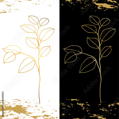 Goldener Baumast, florale Grafik, Grunge. Gold auf Schwarz und weiß. Farbverlauf mit Goldmuster