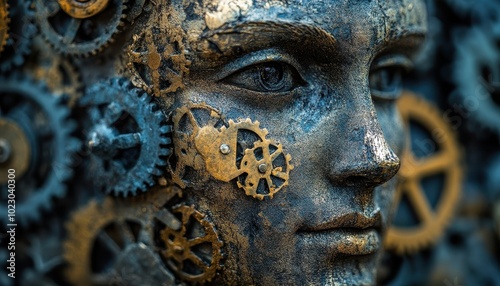 Engineering ethics in innovative technology represented by a metallic face and intricate gears