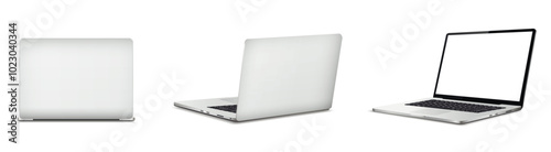 Realistic laptop mockup with blank screen isolated on white background, perspective laptop mock up different angles views.