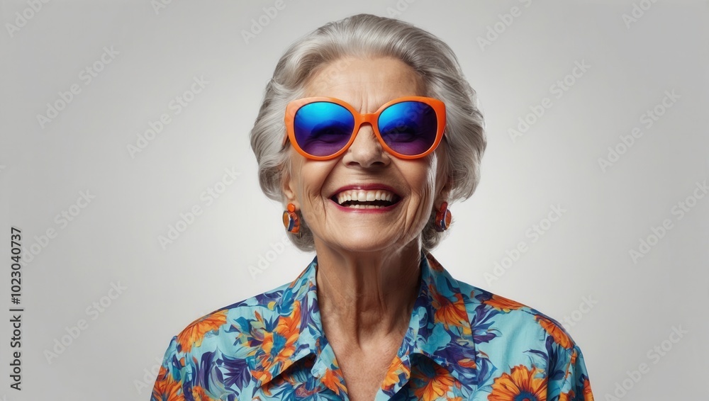 Elderly woman with short gray hair and large orange sunglasses, smiling broadly Elderly woman with short gray hair and large orange sunglasses, smiling broadly