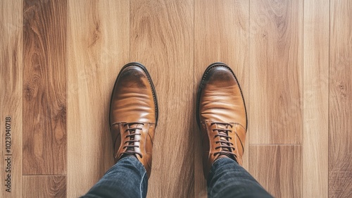 Brown leather shoes on wooden floor, person standing photo