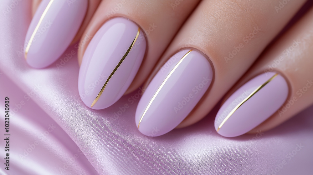 Close-up of oval nails in matte lavender, adorned with a subtle gold line running along the side of each nail. The background is a soft pink fabric, creating a delicate and feminine aesthetic Close-up of oval nails in matte lavender, adorned with a subtle gold line running along the side of each nail. The background is a soft pink fabric, creating a delicate and feminine aesthetic