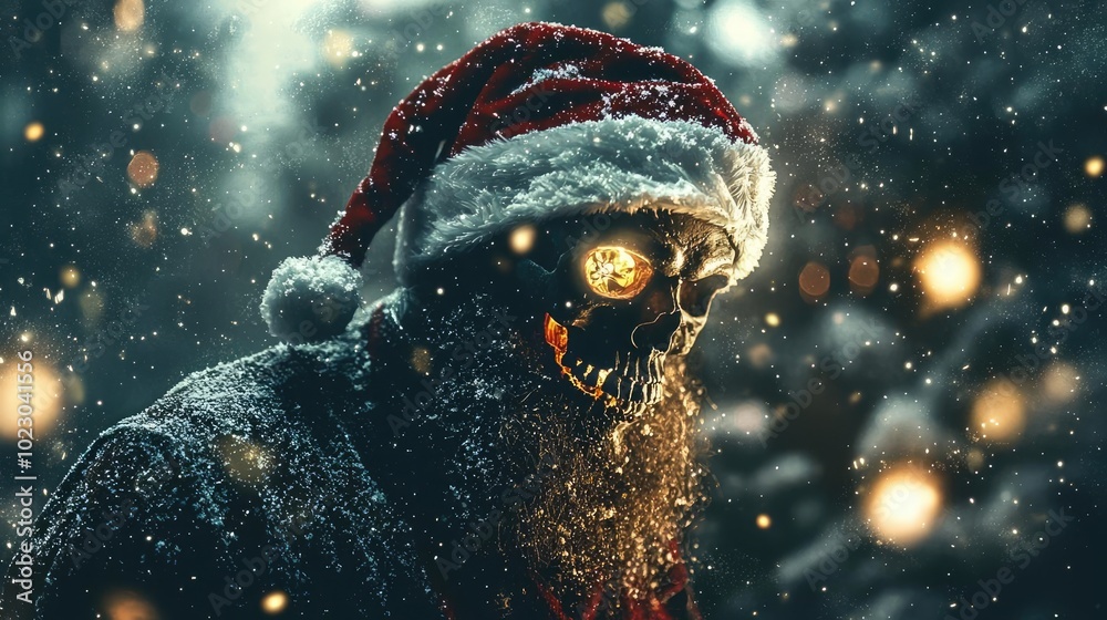 A chilling blend of holiday spirit and horror, showcasing a festive skull figure adorned with a Santa hat amidst a snowy backdrop. A chilling blend of holiday spirit and horror, showcasing a festive skull figure adorned with a Santa hat amidst a snowy backdrop.