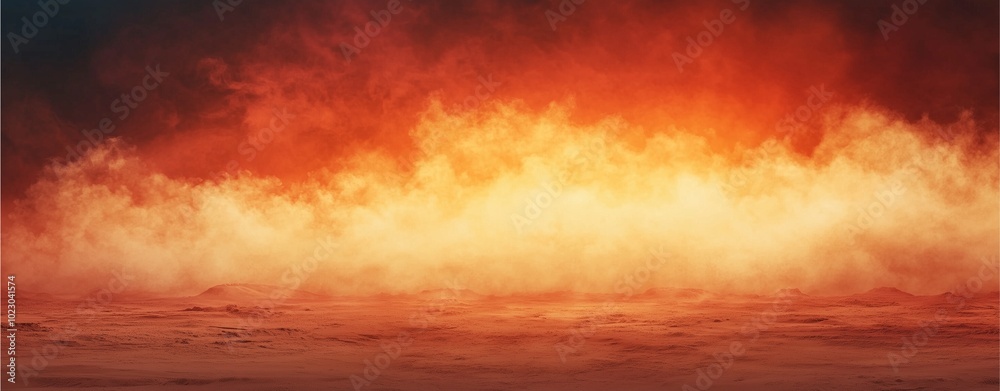 A vibrant scene depicting fiery orange and red hues, resembling flames or sunrise, set against a dark background.