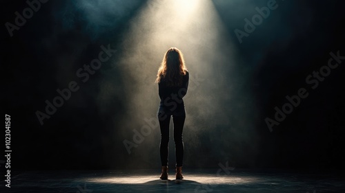 Woman standing alone on dark stage under spotlight, back facing camera, creating dramatic atmosphere