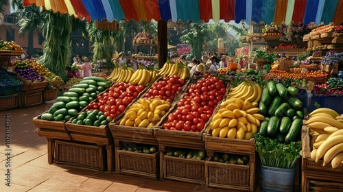 A vibrant market scene filled with colorful fruits and vegetables in a lively atmosphere.