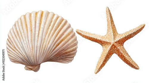 Shell and starfish isolated on a white background, showcasing natural ocean beauty.