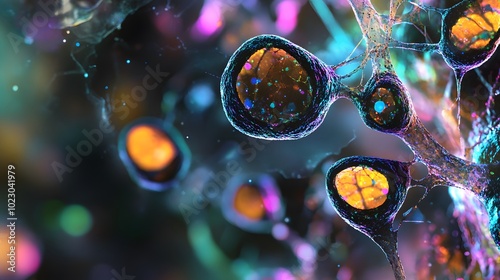 Vibrant Microscopic View of Interconnected Cells with Internal Structures photo