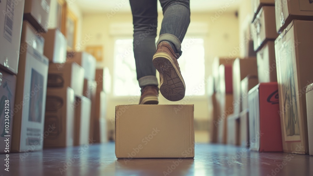Fototapeta premium Person stepping on cardboard box in room filled with moving boxes