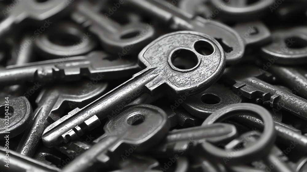 Fototapeta premium A single key stands out from a pile of other keys.