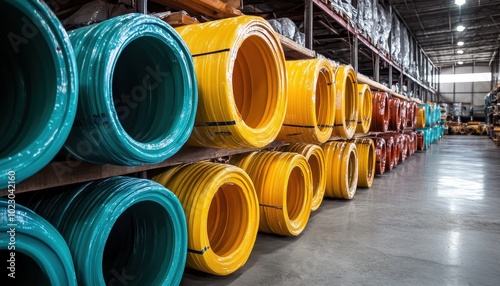 Colorful PVC pipes stacked neatly in a warehouse showcase their durability and versatility photo