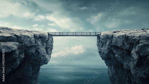 Obraz na płótnie Narrow bridge connecting two cliffs above ocean under cloudy sky