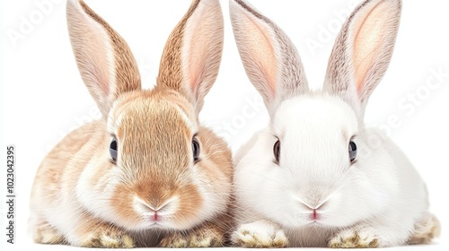 Two adorable rabbits, one brown and one white, sitting close together on a white background.