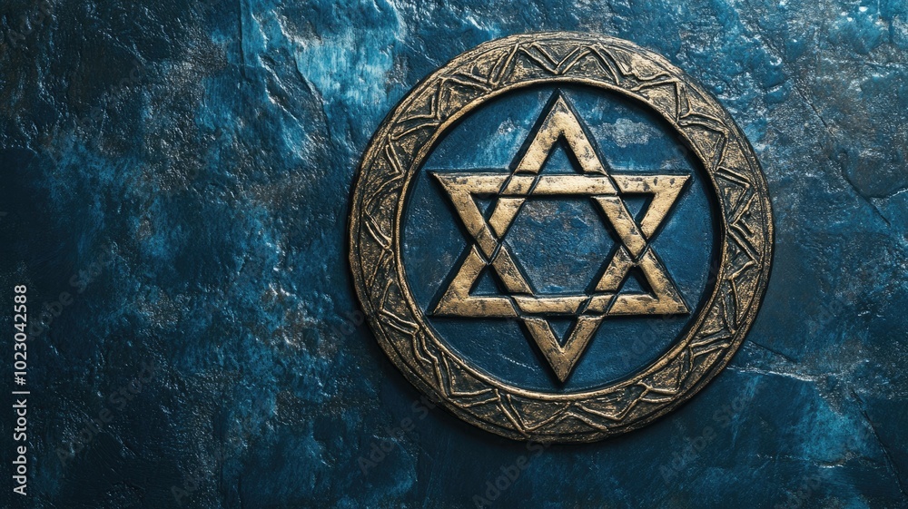 Ornate Star of David emblem on textured blue background Ornate Star of David emblem on textured blue background