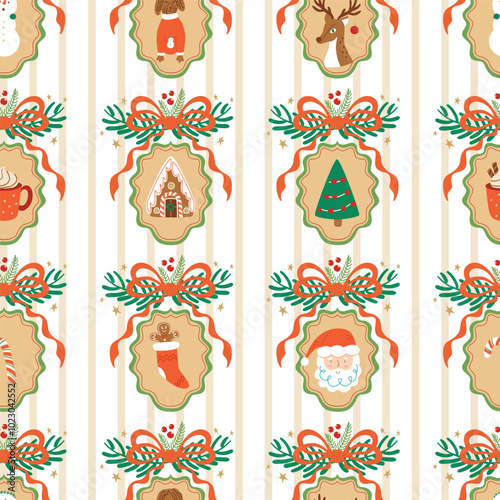Beige coquette Christmas seamless pattern with bow, ribbon, cute winter holiday elements. Vector striped grandmillennial print, wallpaper with vintage cameo brooch, Santa, reindeer, gingerbread house.