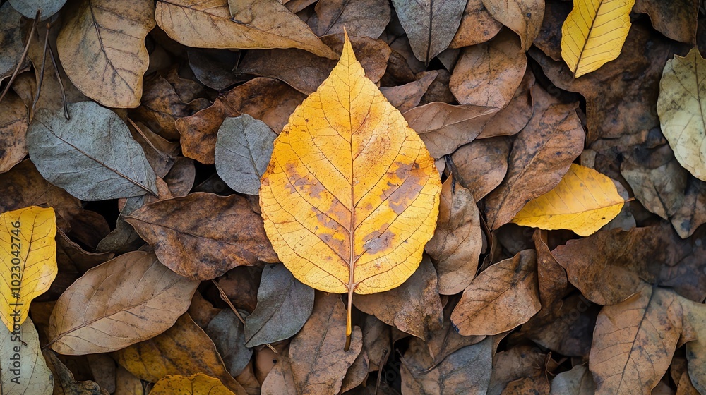 A vibrant yellow leaf stands out amongst a bed of brown leaves. A vibrant yellow leaf stands out amongst a bed of brown leaves.
