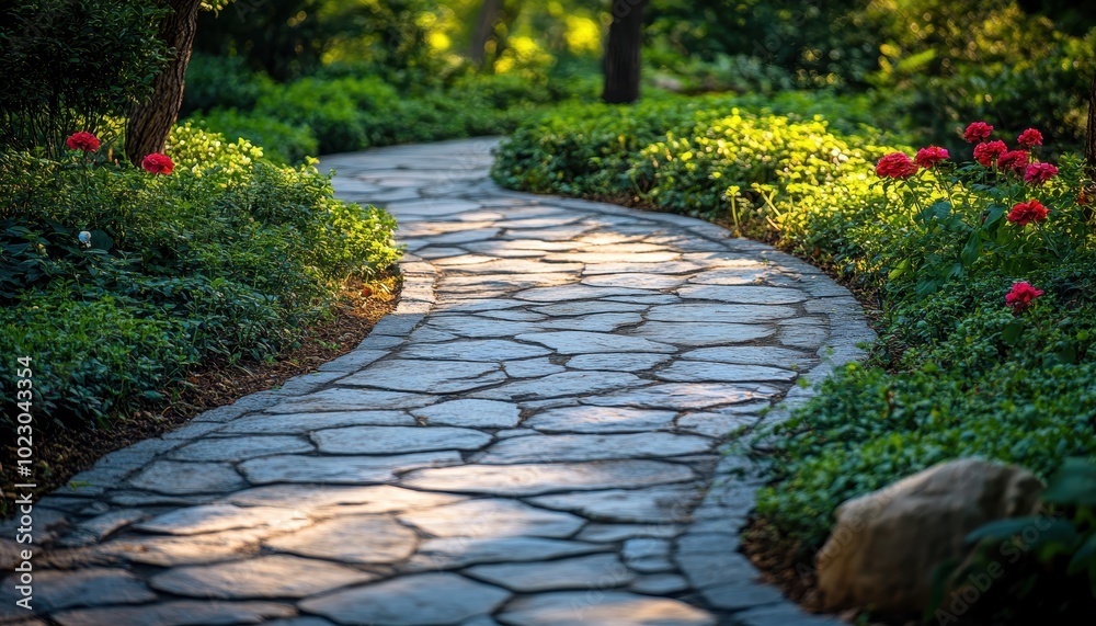 Tidy pathways in a serene garden setting with vibrant flowers during golden hour Tidy pathways in a serene garden setting with vibrant flowers during golden hour