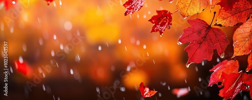 Autumn leaves in vibrant colors amidst gentle rain, creating a serene and picturesque nature scene. photo