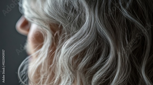 An intimate close-up portrait focusing on gray hair and scalp health, showcasing the beauty and care involved in maintaining