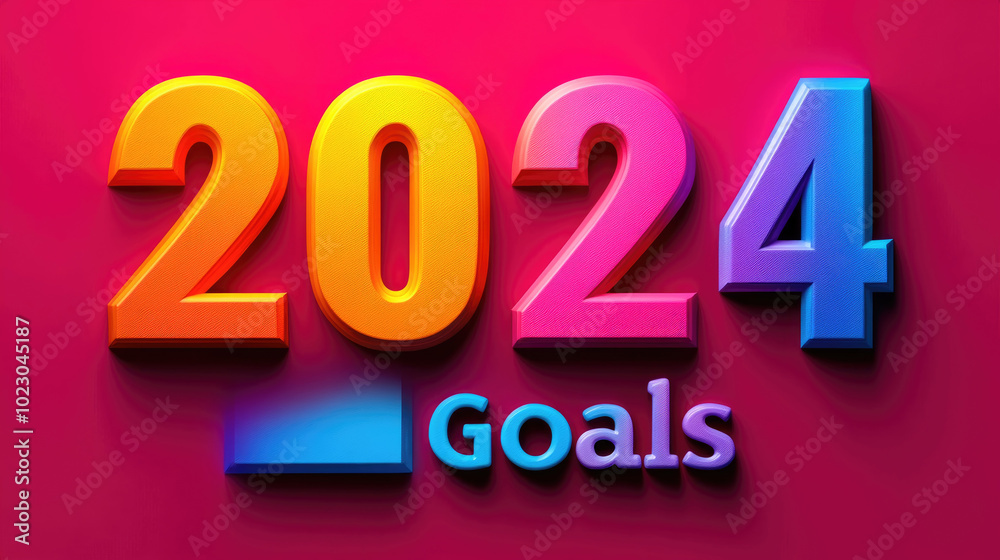 Boldly colored 2024 goals are presented on a vibrant pink background, symbolizing aspirations and plans for the coming year