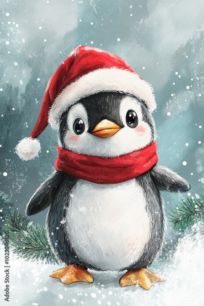 Hand drawn watercolor image of a cute penguin wearing a santa hat. ai generated
