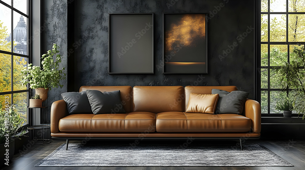 Modern living room with a leather sofa and framed artwork. Modern living room with a leather sofa and framed artwork.