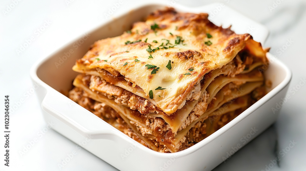 Close-up of homemade lasagna in a white ceramic baking dish with layers of pasta, meat sauce, and melted cheese garnished with herbs Close-up of homemade lasagna in a white ceramic baking dish with layers of pasta, meat sauce, and melted cheese garnished with herbs