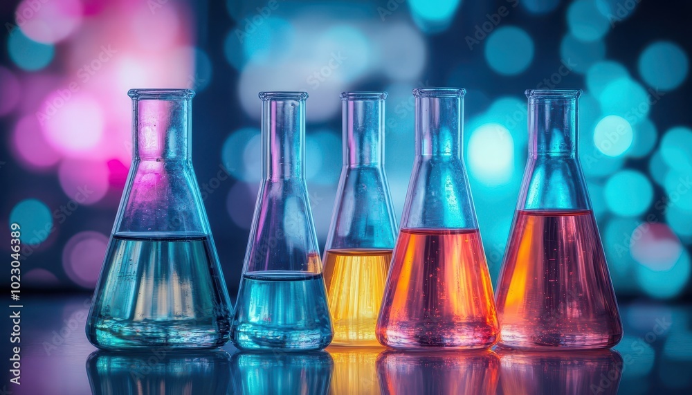 Colorful chemistry lab equipment arranged on a table with vibrant bokeh lighting in the background Colorful chemistry lab equipment arranged on a table with vibrant bokeh lighting in the background