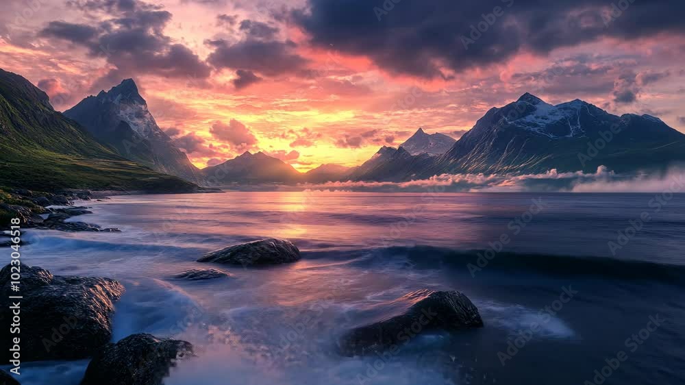 The sun sets over a dramatic mountain range in Norway, casting a warm glow on the water The sun sets over a dramatic mountain range in Norway, casting a warm glow on the water