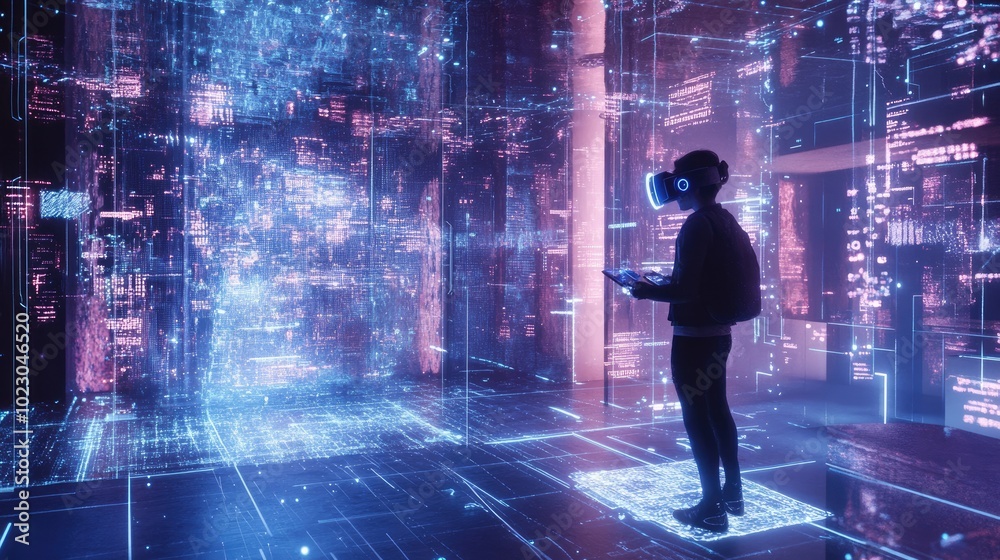 Digital data streams integrate into the physical space as a person uses a virtual reality headset, visualizing the future of next-gen