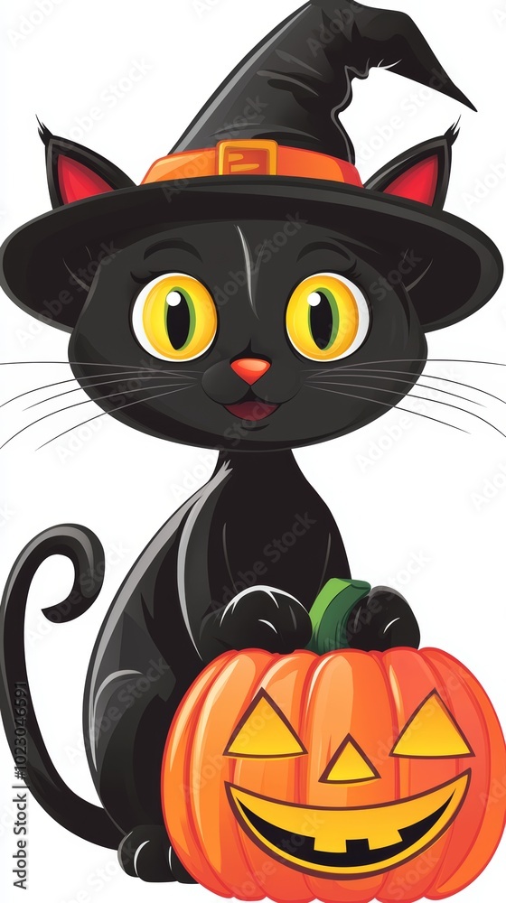 A cute black cat clip art with wide yellow eyes and a mischievous smile, wearing a tiny witch hat and sitting next to a glowing jack-o'-lantern. A cute black cat clip art with wide yellow eyes and a mischievous smile, wearing a tiny witch hat and sitting next to a glowing jack-o'-lantern.