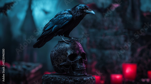 A creepy Halloween T-shirt mockup with a large, detailed raven perched on a skull, with gothic lettering spelling out 'Nevermore' in the background. photo