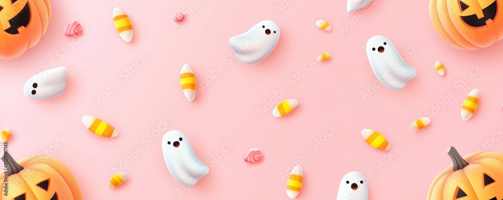 A cute pastel-colored Halloween T-shirt featuring smiling pumpkins, candy corn, and tiny ghosts scattered across a soft pink background. A cute pastel-colored Halloween T-shirt featuring smiling pumpkins, candy corn, and tiny ghosts scattered across a soft pink background.