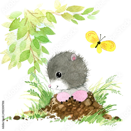 cute watercolor Mole illustration isolated on white. Woodland animal photo