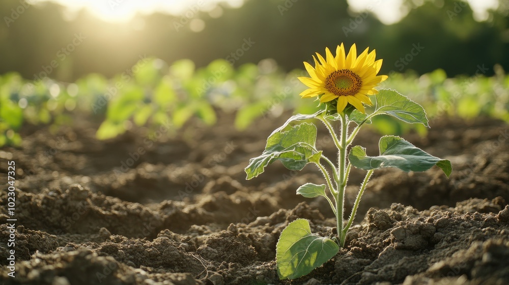 Single sunflower growing in sunny field with green plants background