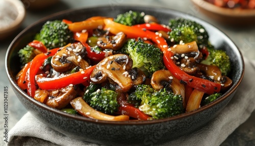 Colorful veggie stir-fry with broccoli, peppers, mushrooms, and sesame in a bowl