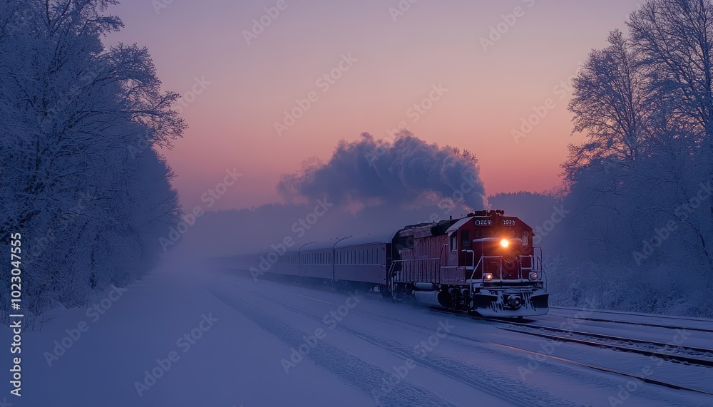 Experience a tranquil winter train ride through the snow-covered countryside at dawn Experience a tranquil winter train ride through the snow-covered countryside at dawn