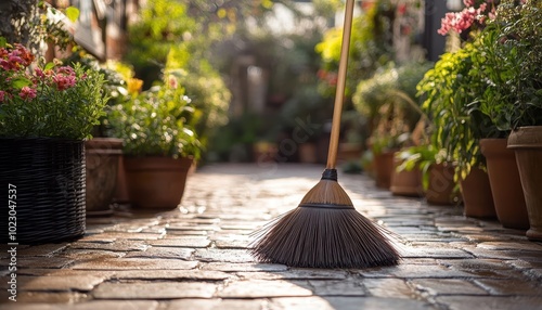 A person sweeping the patio surrounded by vibrant flower pots in the afternoon sunlight photo